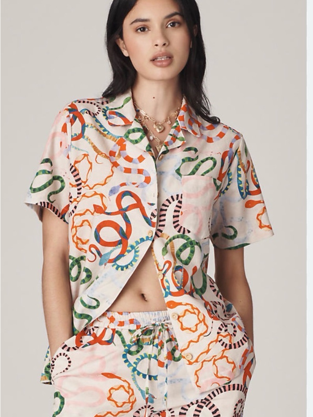 RARE-Rachel Antonoff Short-Sleeve Multicolor Snake Print Camp Shirt - Women's